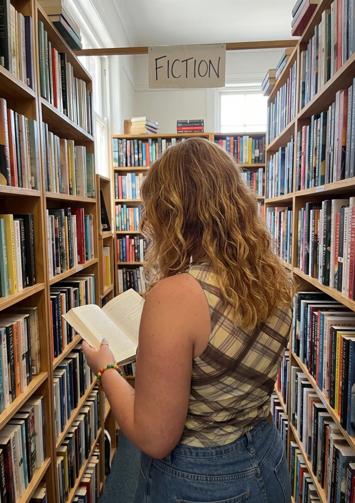 Morgan reading beside shelves of fiction books