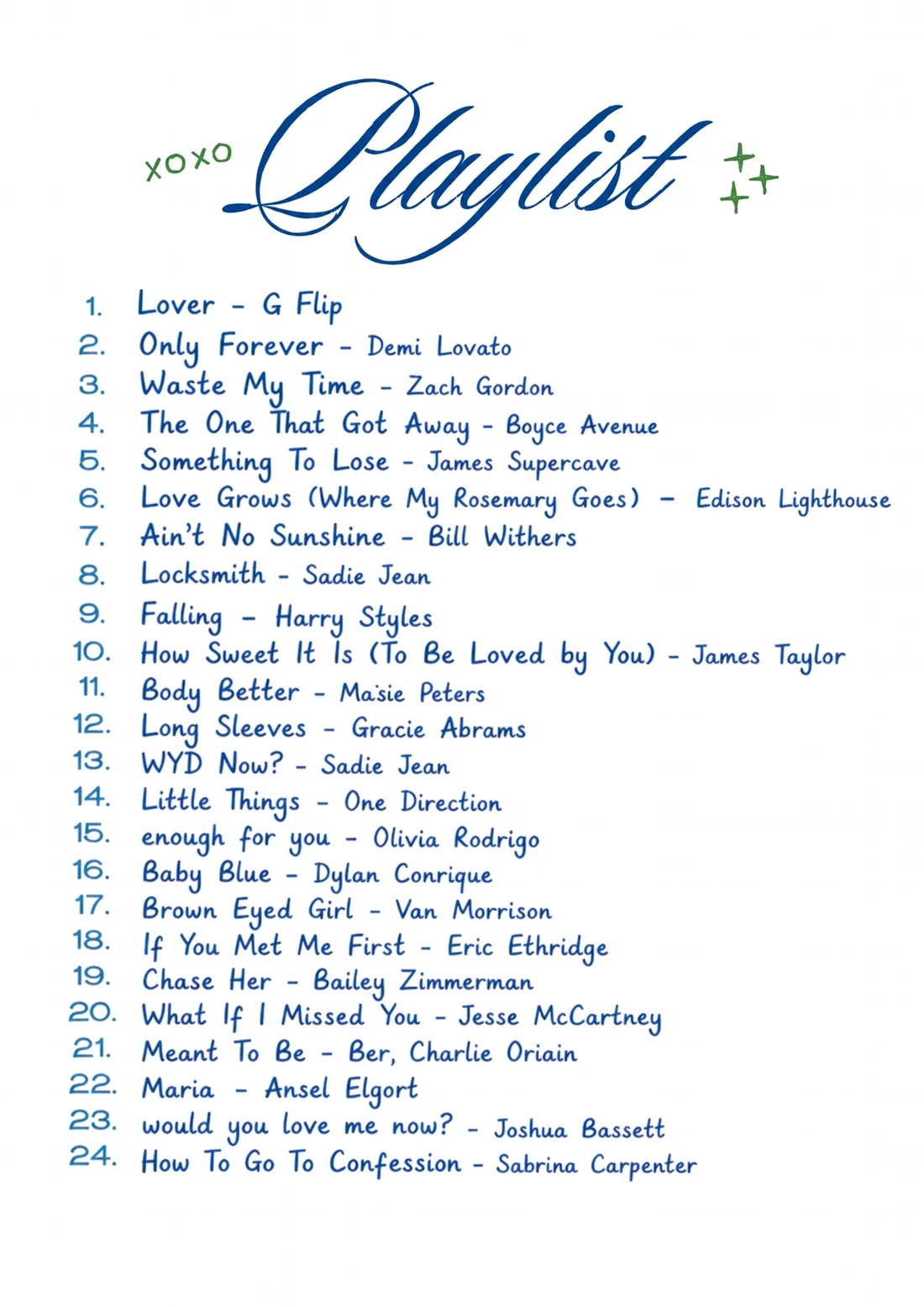 Morgan Ella's handwritten romance playlist track list